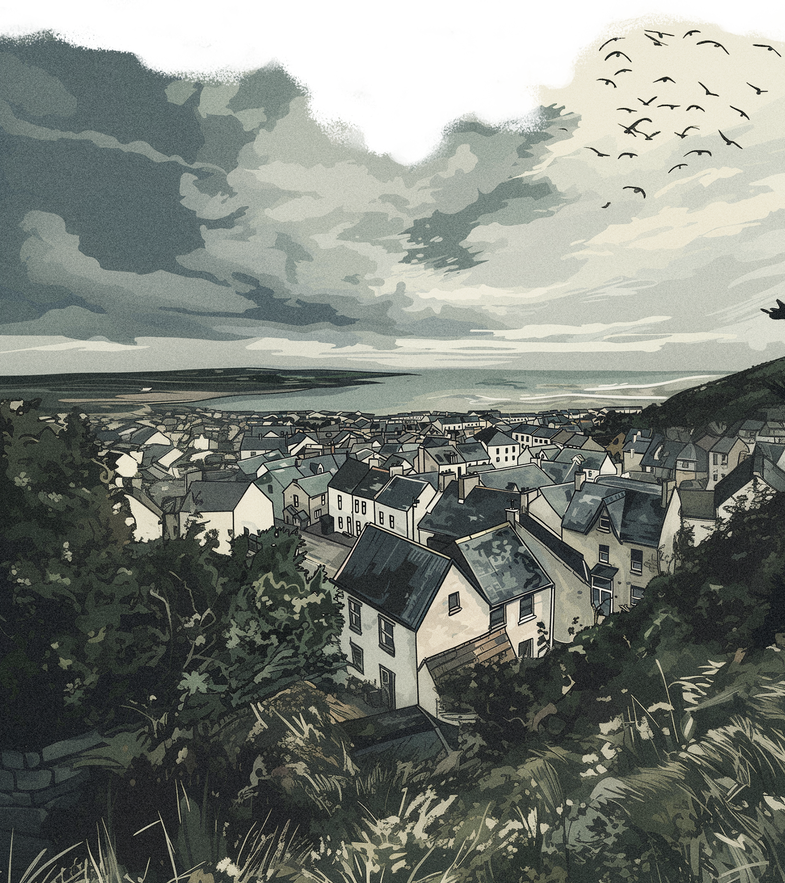 Darlun o dref adfeiliedig gyda'r arfordir i'w weld yn y pellter. Y lliwiau yw gwyrdd tawel, glas a llwyd.